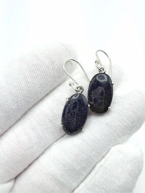 Oval Blue Goldstone .925 Sterling Silver Dangle Earrings